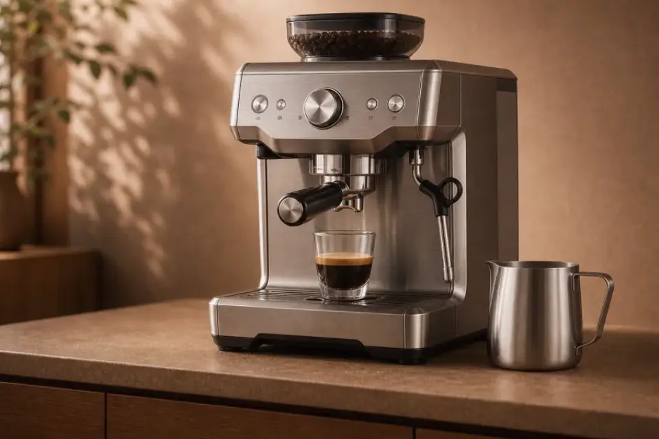 Emotionaler Kaffeemoment zu espresso läuft zu schnell am morgen