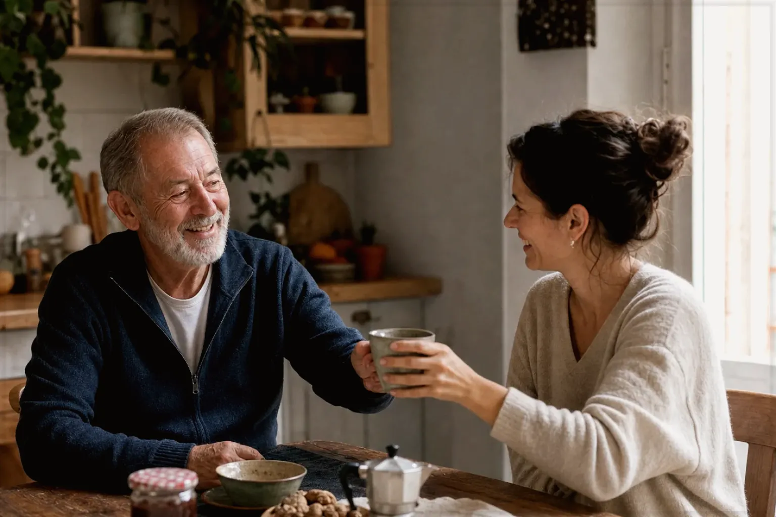 Eine erwachsene Tochter und ihr älterer Vater lachen gemeinsam beim Kaffee in ihrer bewohnten Küche – gezeigt für Marken in der Herstellerübersicht im Orientierungsbereich.