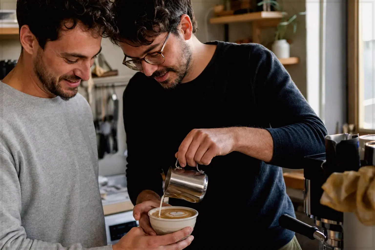 Zwei erwachsene Freunde freuen sich in einer kleinen Küche über ihre gemeinsam gegossene Latte Art – gezeigt für Marken in der Herstellerübersicht im Orientierungsbereich.