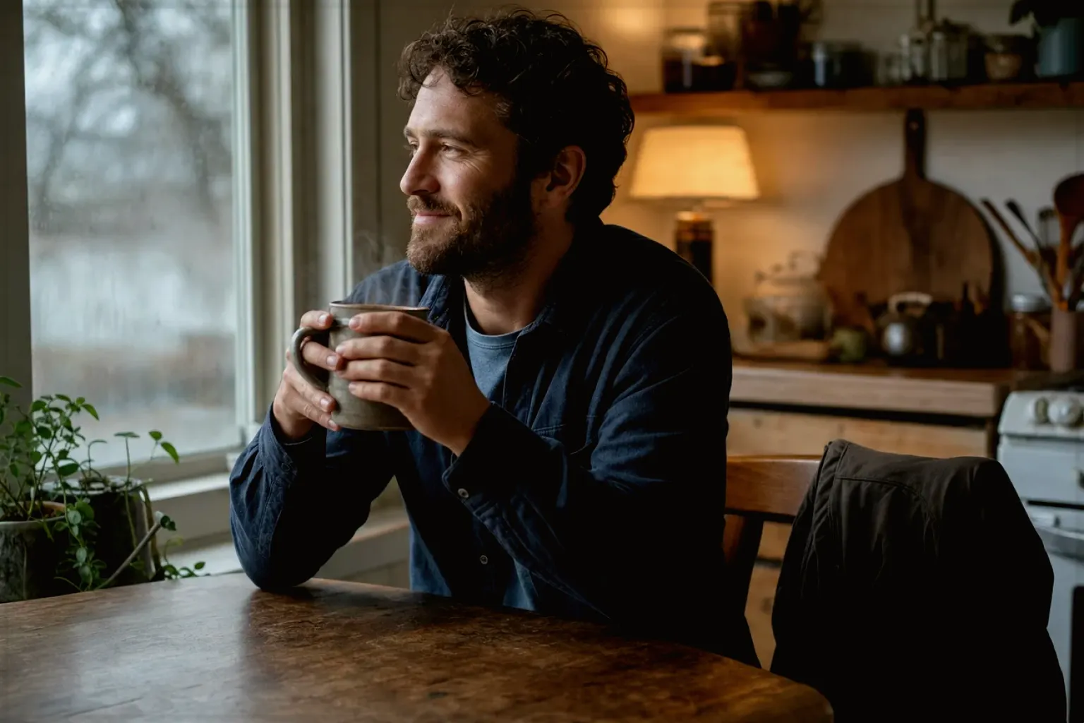 Ein Mann hält nach seinem Arbeitstag eine warme Kaffeetasse und blickt entspannt aus dem Küchenfenster – gezeigt für Marken in der Herstellerübersicht im Orientierungsbereich.