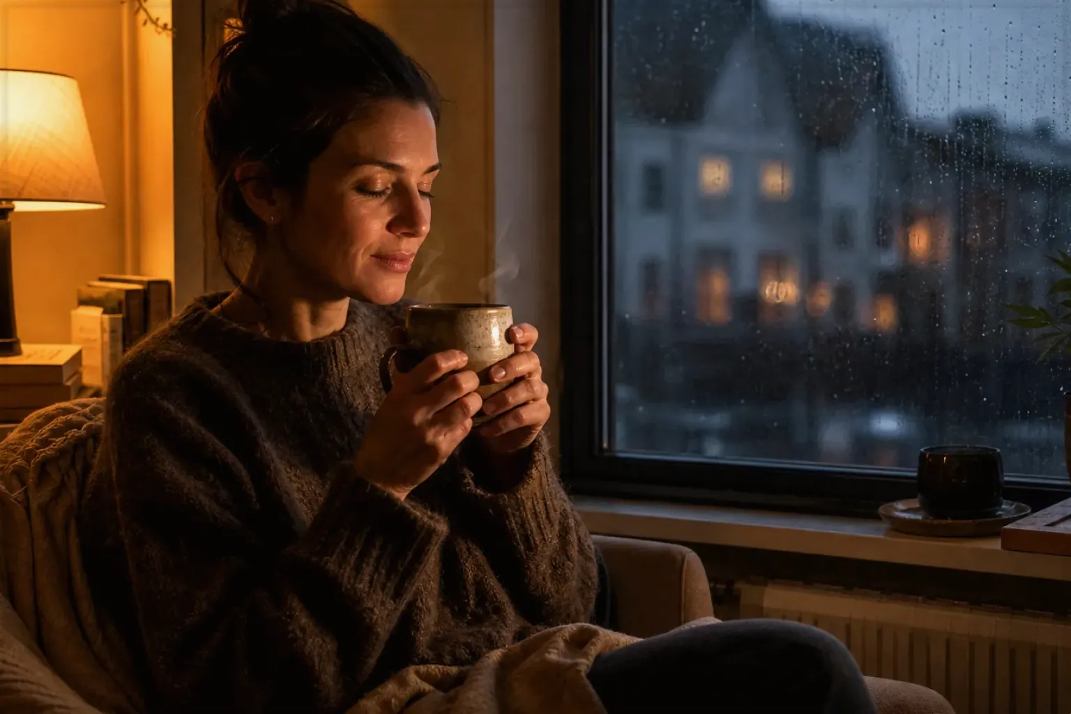 Eine Frau genießt an einem regnerischen Abend ruhig eine warme Tasse Kaffee am Fenster – gezeigt für Marken in der Herstellerübersicht im Orientierungsbereich.
