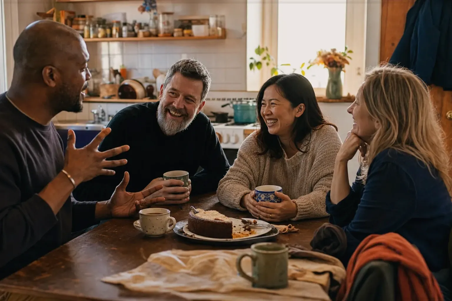 Vier erwachsene Freunde verschiedener Altersgruppen lachen gemeinsam bei Kaffee und selbst gebackenem Kuchen – gezeigt für Marken in der Herstellerübersicht im Orientierungsbereich.
