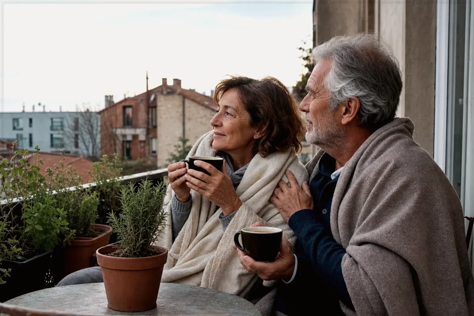 Ein älteres Paar teilt am frühen Morgen Kaffee auf einem kleinen Balkon – gezeigt für Marken in der Herstellerübersicht im Orientierungsbereich.