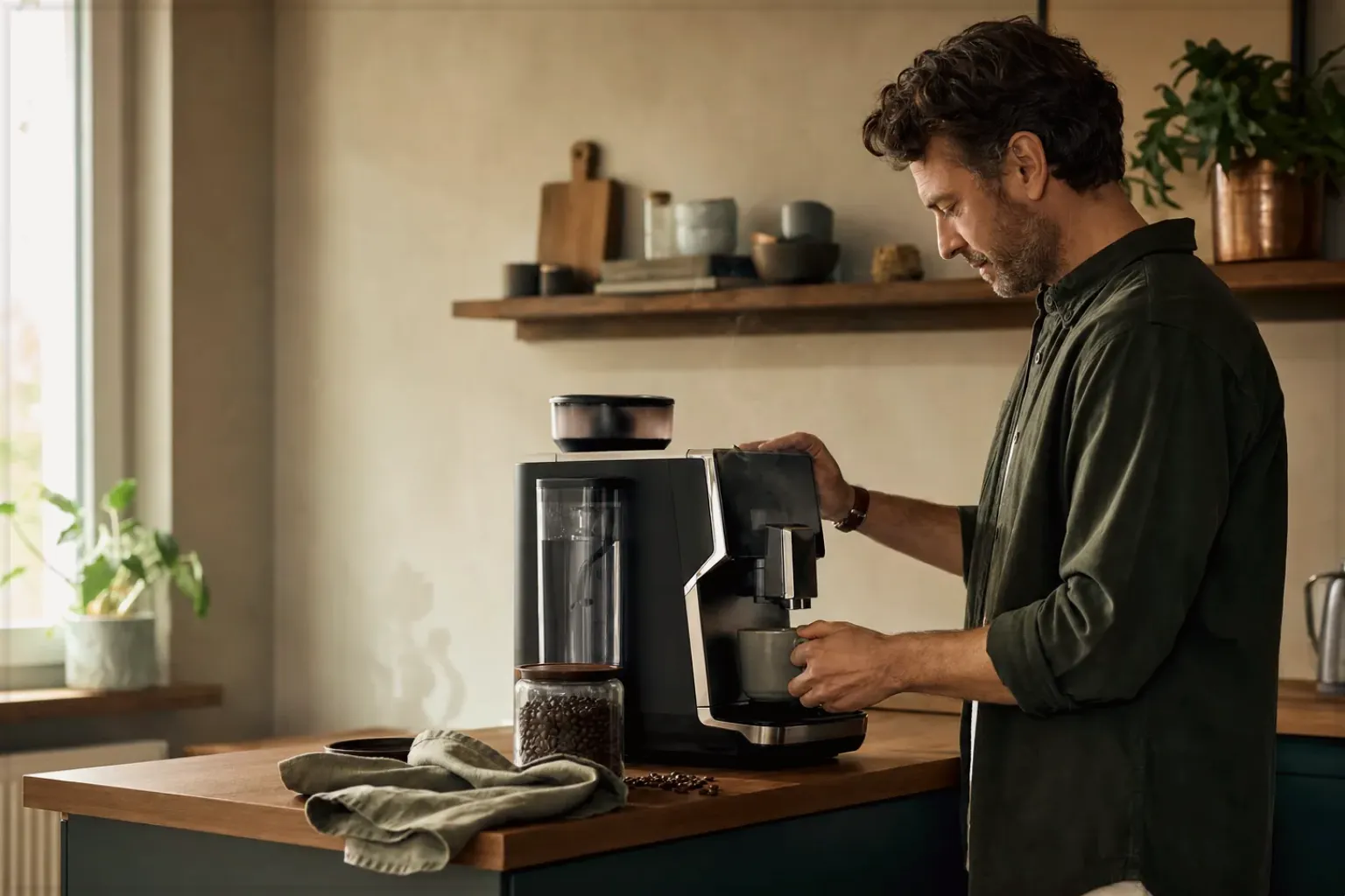 Ein Mann bereitet morgens Kaffee in seiner Küche zu – gezeigt für Marken in der Herstellerübersicht im Orientierungsbereich.