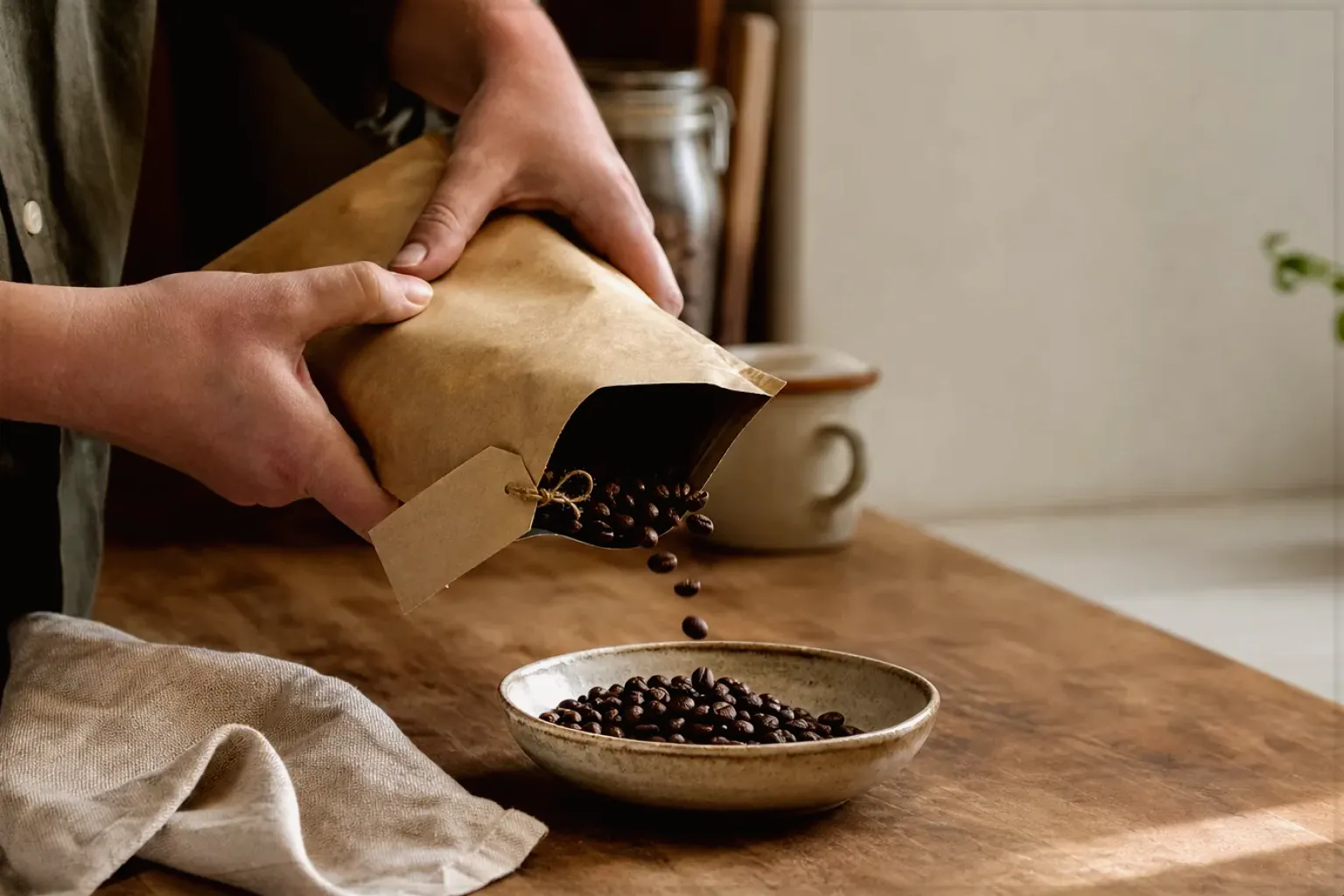 Hände füllen frisch geröstete Kaffeebohnen aus einer Papiertüte in eine Keramikschale – gezeigt für Marken in der Herstellerübersicht im Orientierungsbereich.