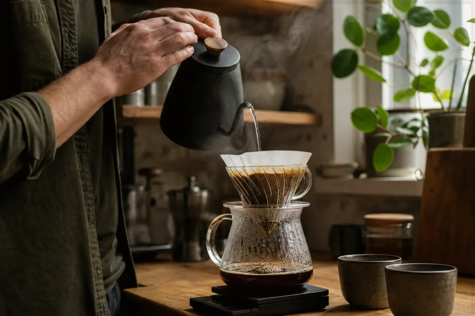 Filterkaffee wird mit einem Schwanenhalskessel von Hand in einer Küche aufgegossen – gezeigt für Marken in der Herstellerübersicht im Orientierungsbereich.