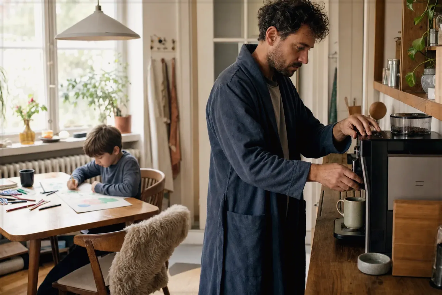 Ein Vater bereitet morgens Kaffee zu, während sein Kind am Küchentisch malt – gezeigt für Marken in der Herstellerübersicht im Orientierungsbereich.