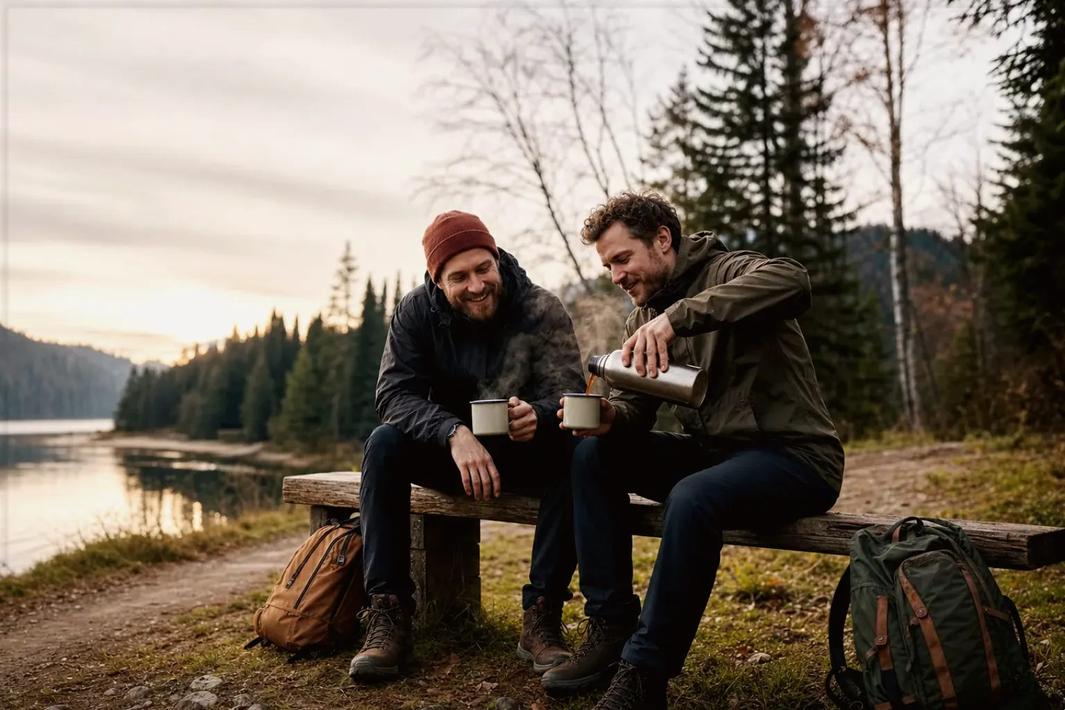 Zwei Freunde teilen auf einer Wanderung heißen Kaffee aus einer Thermoskanne am See – gezeigt für Marken in der Herstellerübersicht im Orientierungsbereich.