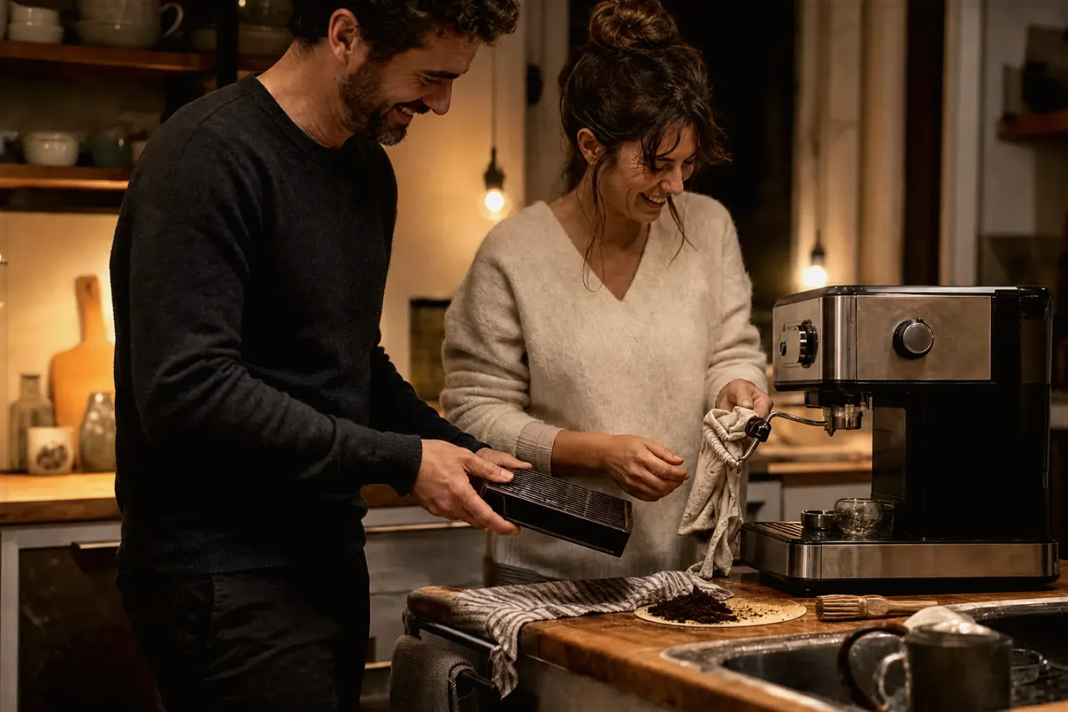 Ein Paar reinigt am Abend gemeinsam und gut gelaunt seine Espressomaschine in der Küche – gezeigt für Marken in der Herstellerübersicht im Orientierungsbereich.