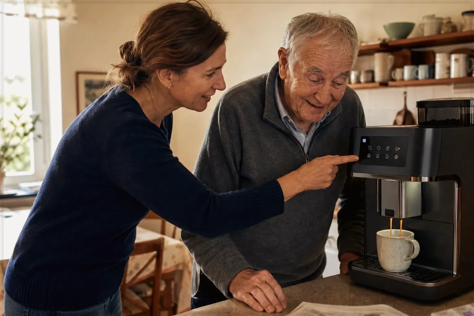 Eine erwachsene Tochter erklärt ihrem Vater verständlich die Bedienung eines Kaffeevollautomaten.