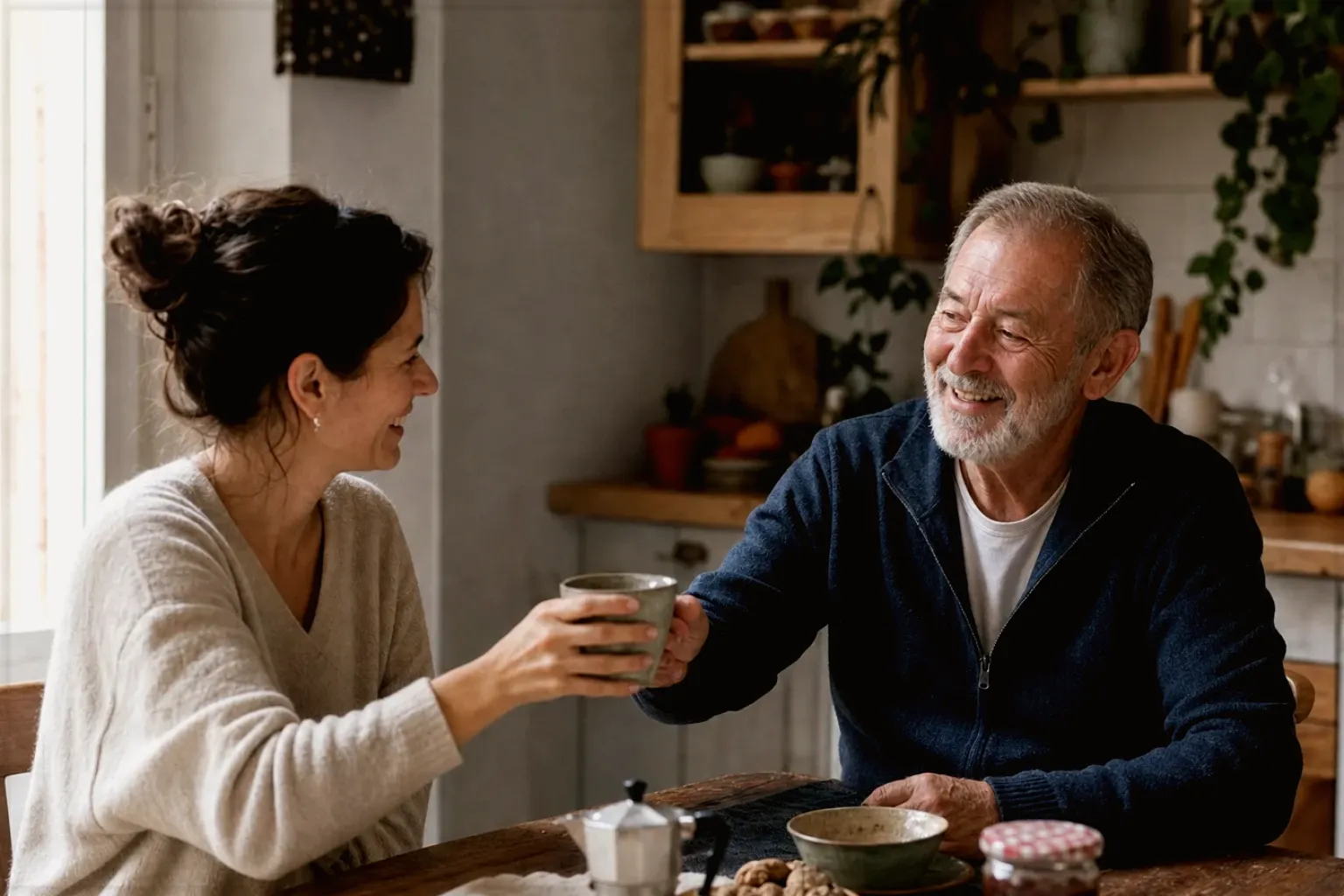 Eine erwachsene Tochter und ihr älterer Vater lachen gemeinsam beim Kaffee in ihrer bewohnten Küche – gezeigt für Comandante im Markenprofil.