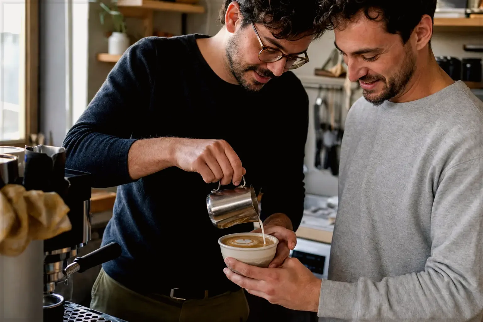 Zwei erwachsene Freunde freuen sich in einer kleinen Küche über ihre gemeinsam gegossene Latte Art – gezeigt für Comandante im Markenprofil.