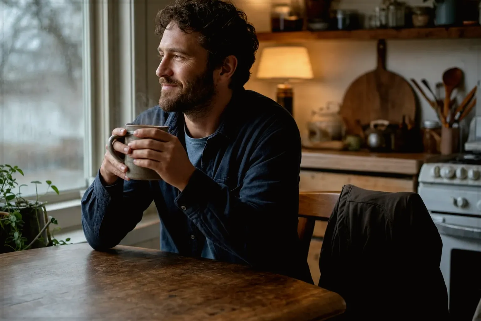 Ein Mann hält nach seinem Arbeitstag eine warme Kaffeetasse und blickt entspannt aus dem Küchenfenster – gezeigt für Comandante im Markenprofil.
