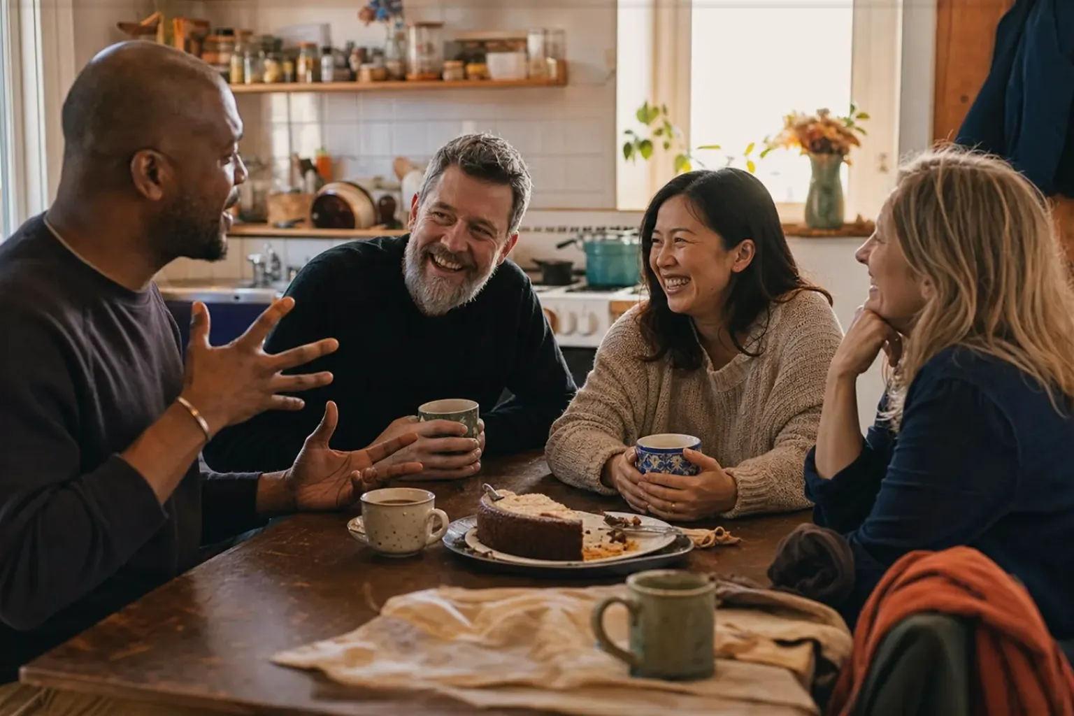 Vier erwachsene Freunde verschiedener Altersgruppen lachen gemeinsam bei Kaffee und selbst gebackenem Kuchen – gezeigt für Comandante im Markenprofil.