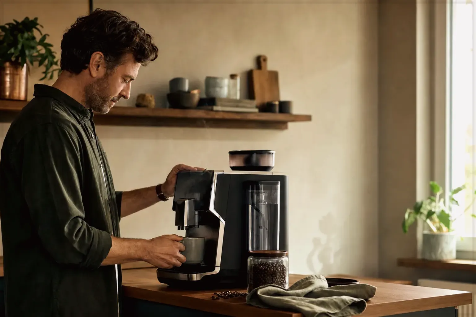 Ein Mann bereitet morgens Kaffee in seiner Küche zu – gezeigt für Comandante im Markenprofil.
