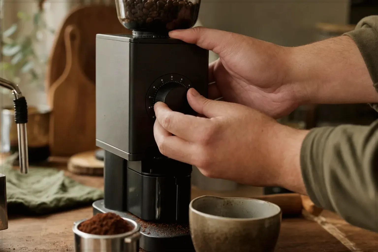 Zwei Hände stellen den Mahlgrad an einer Kaffeemühle neben einer Espressomaschine ein – gezeigt für Comandante im Markenprofil.