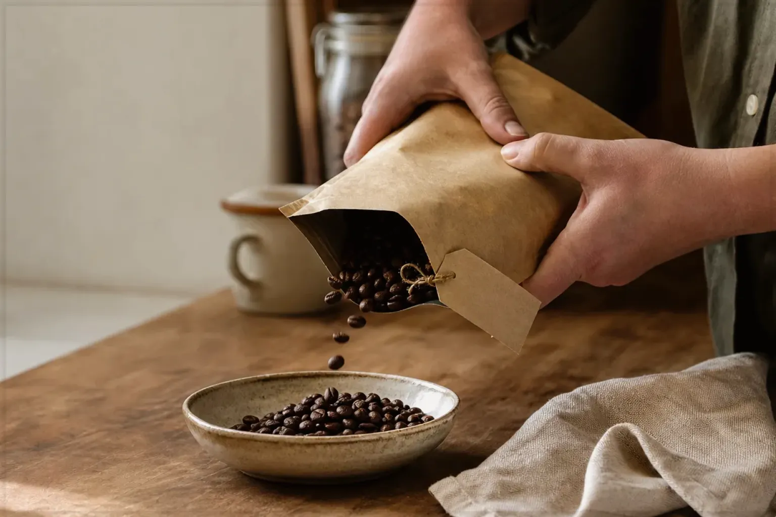 Hände füllen frisch geröstete Kaffeebohnen aus einer Papiertüte in eine Keramikschale – gezeigt für Comandante im Markenprofil.