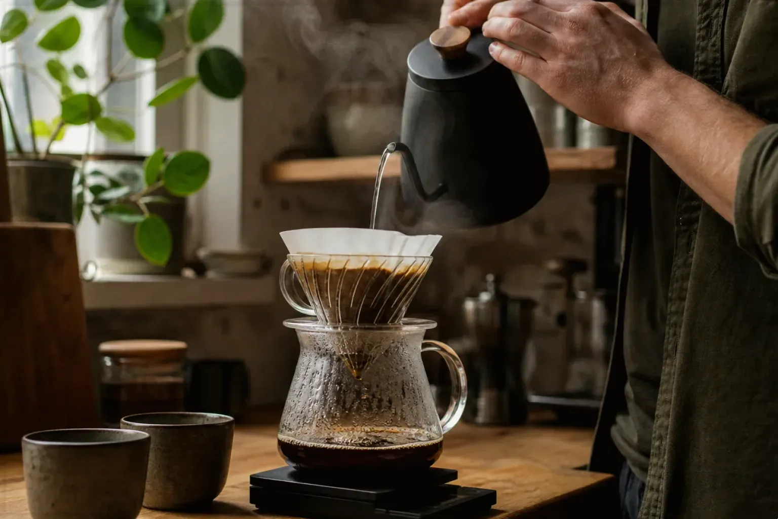 Filterkaffee wird mit einem Schwanenhalskessel von Hand in einer Küche aufgegossen – gezeigt für Comandante im Markenprofil.