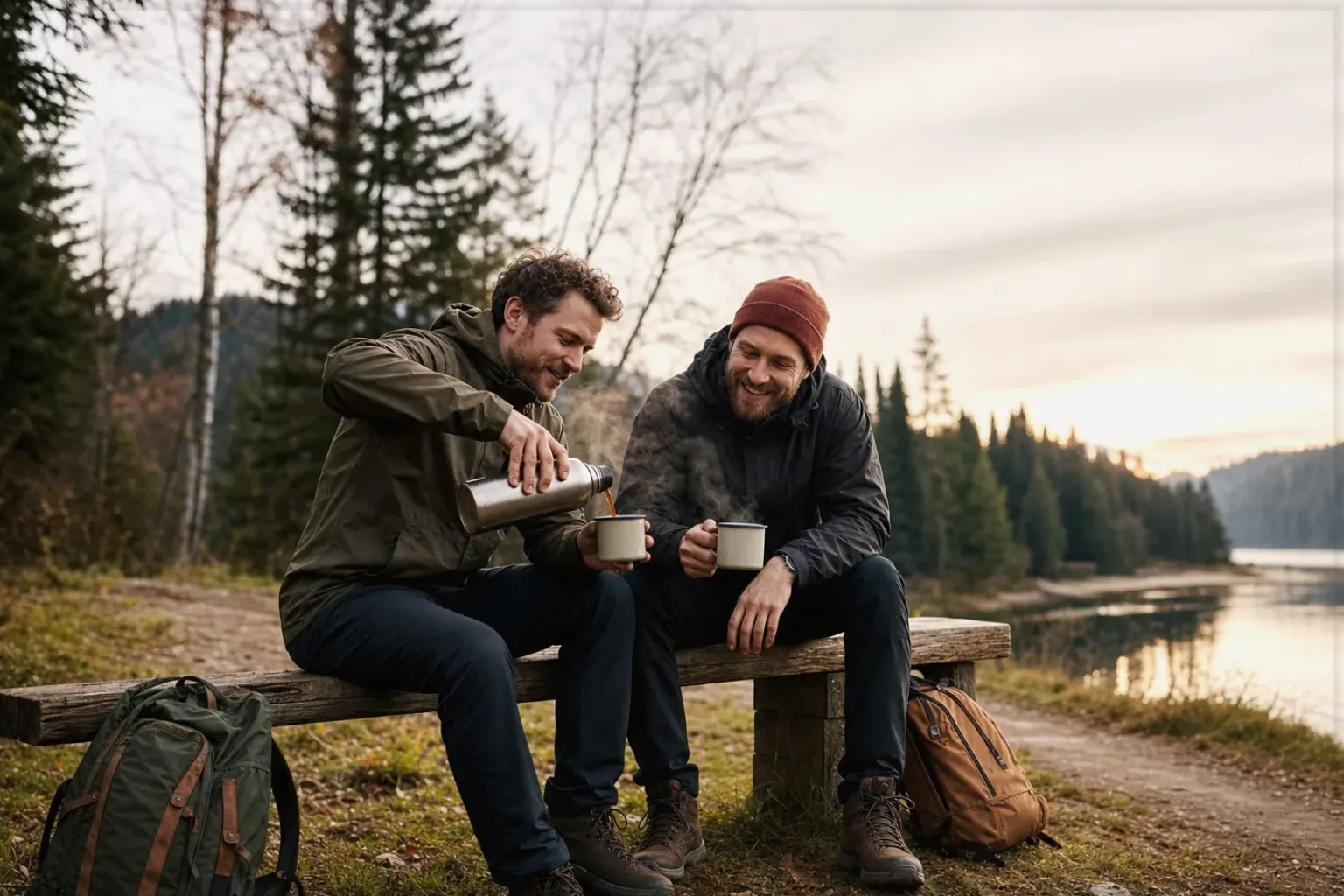 Zwei Freunde teilen auf einer Wanderung heißen Kaffee aus einer Thermoskanne am See – gezeigt für Comandante im Markenprofil.