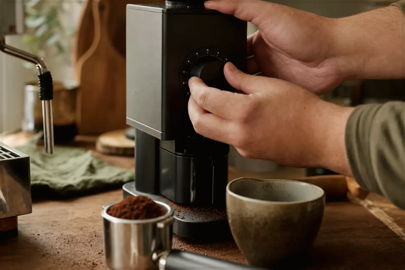 Zwei Hände stellen den Mahlgrad an einer Kaffeemühle präzise ein.