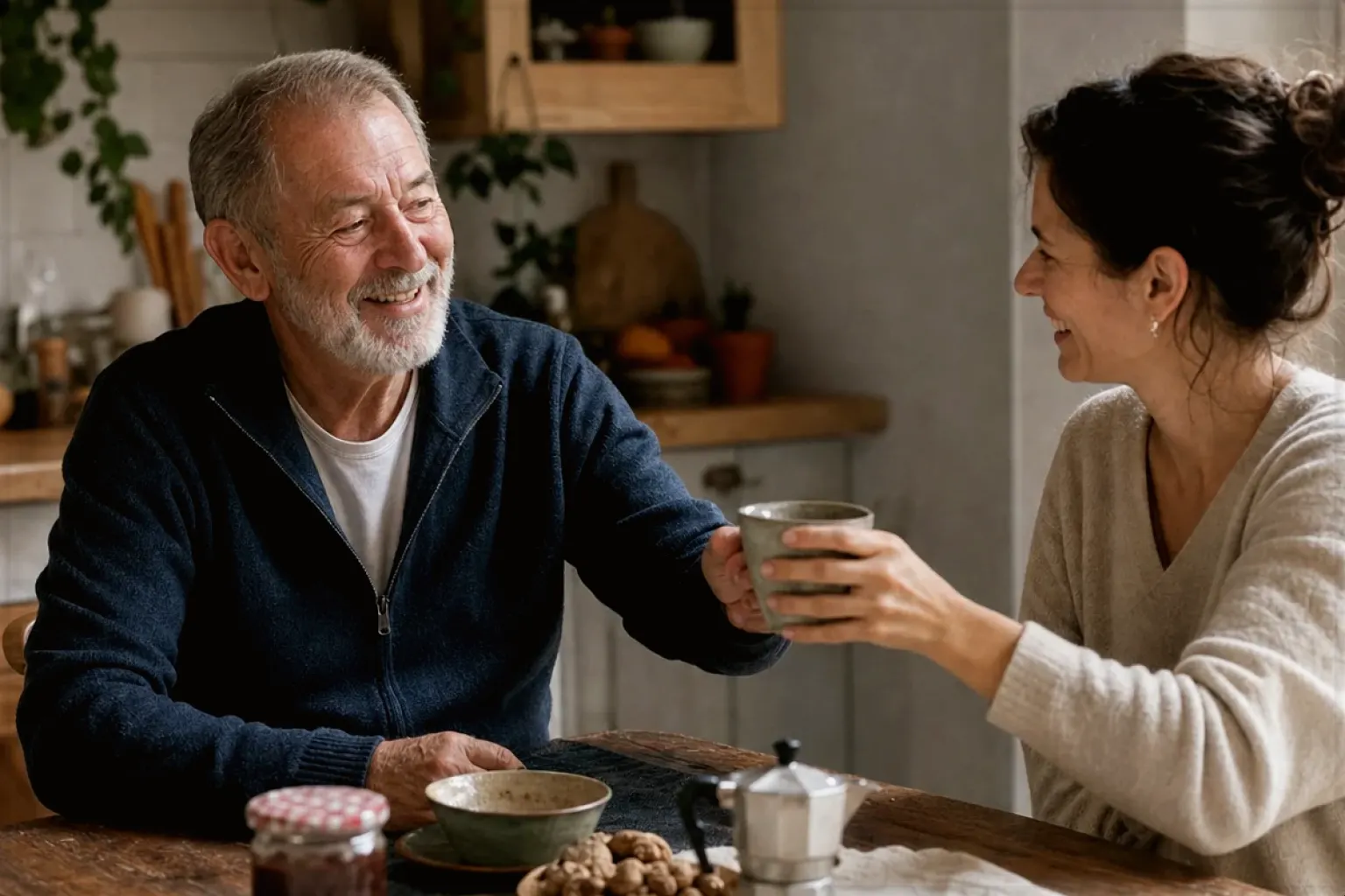 Eine erwachsene Tochter und ihr älterer Vater lachen gemeinsam beim Kaffee in ihrer bewohnten Küche – gezeigt für Dallmayr im Markenprofil.