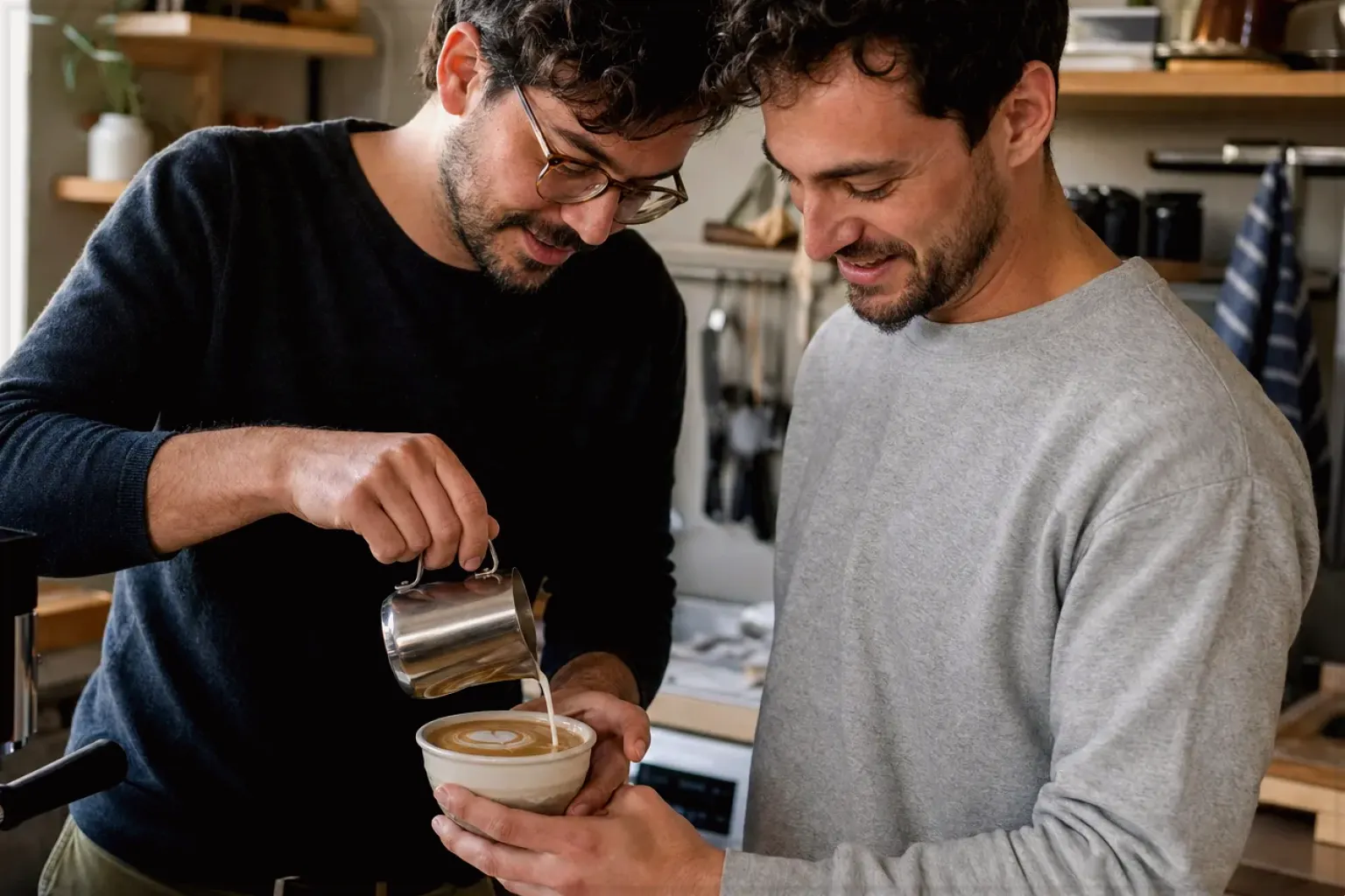 Zwei erwachsene Freunde freuen sich in einer kleinen Küche über ihre gemeinsam gegossene Latte Art – gezeigt für Dallmayr im Markenprofil.