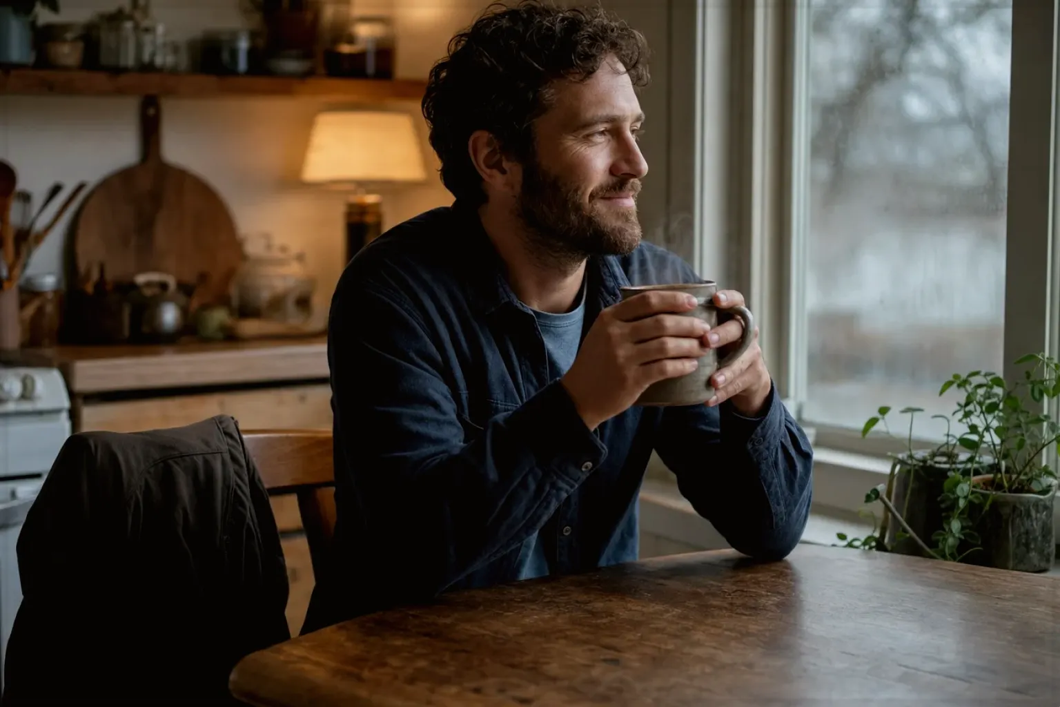 Ein Mann hält nach seinem Arbeitstag eine warme Kaffeetasse und blickt entspannt aus dem Küchenfenster – gezeigt für Dallmayr im Markenprofil.