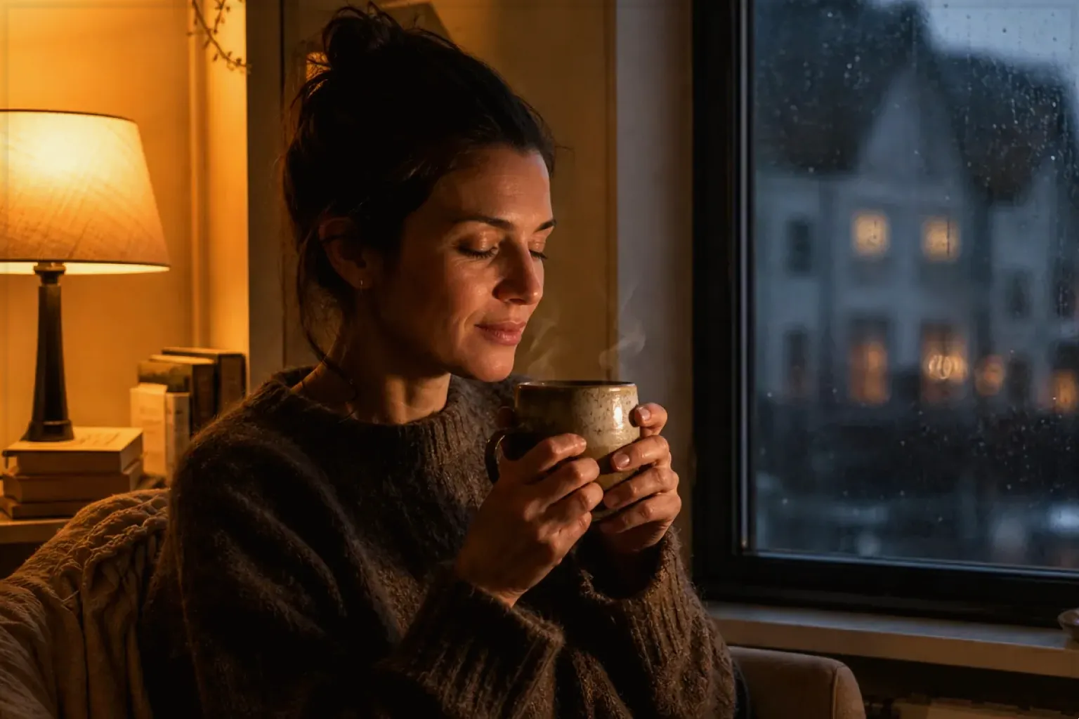 Eine Frau genießt an einem regnerischen Abend ruhig eine warme Tasse Kaffee am Fenster – gezeigt für Dallmayr im Markenprofil.