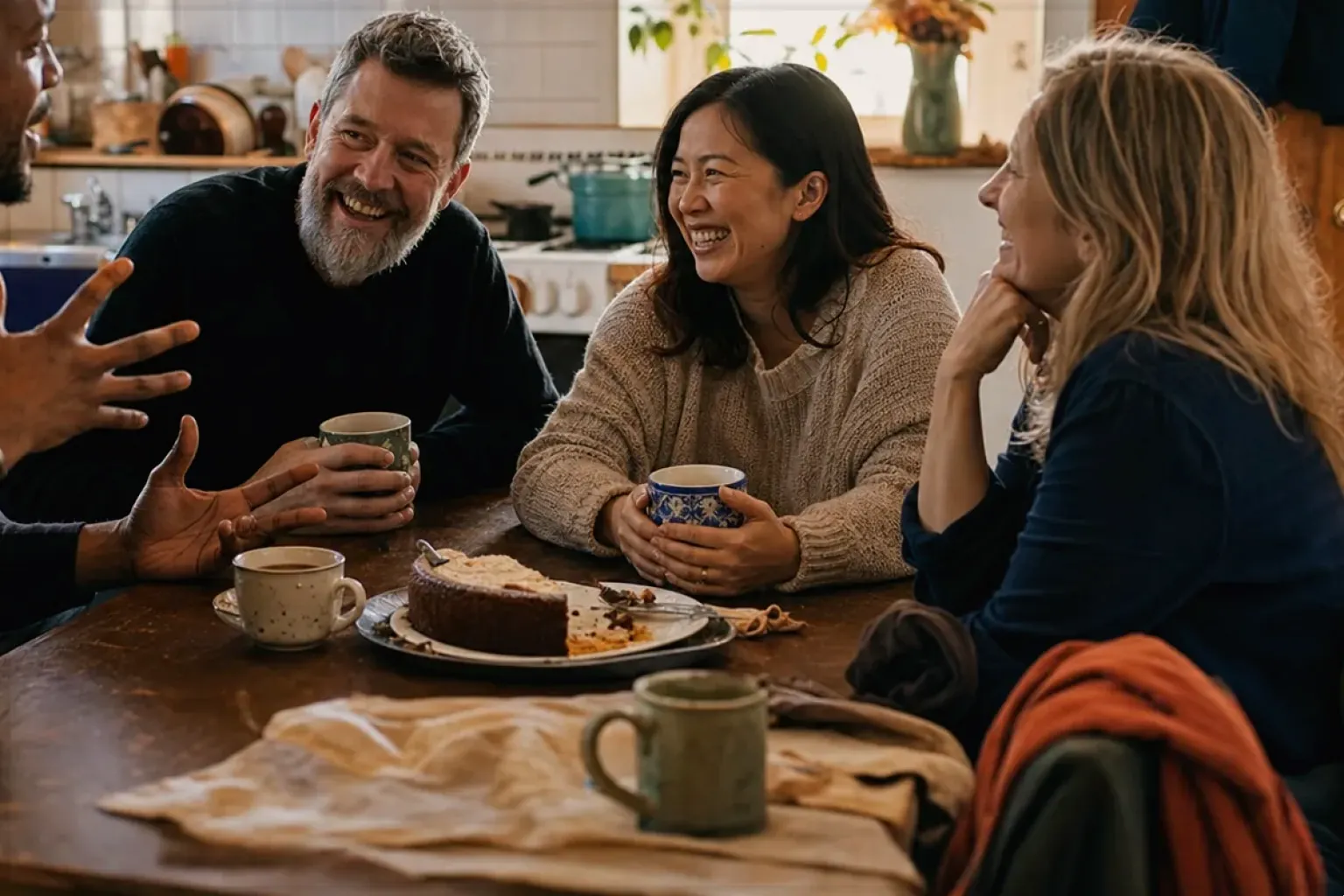 Vier erwachsene Freunde verschiedener Altersgruppen lachen gemeinsam bei Kaffee und selbst gebackenem Kuchen – gezeigt für Dallmayr im Markenprofil.