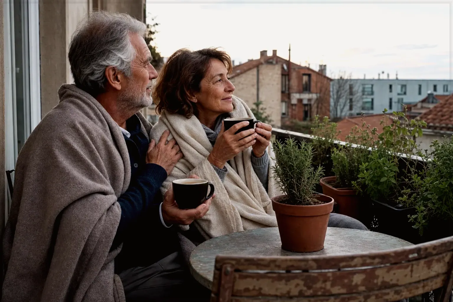 Ein älteres Paar teilt am frühen Morgen Kaffee auf einem kleinen Balkon – gezeigt für Dallmayr im Markenprofil.