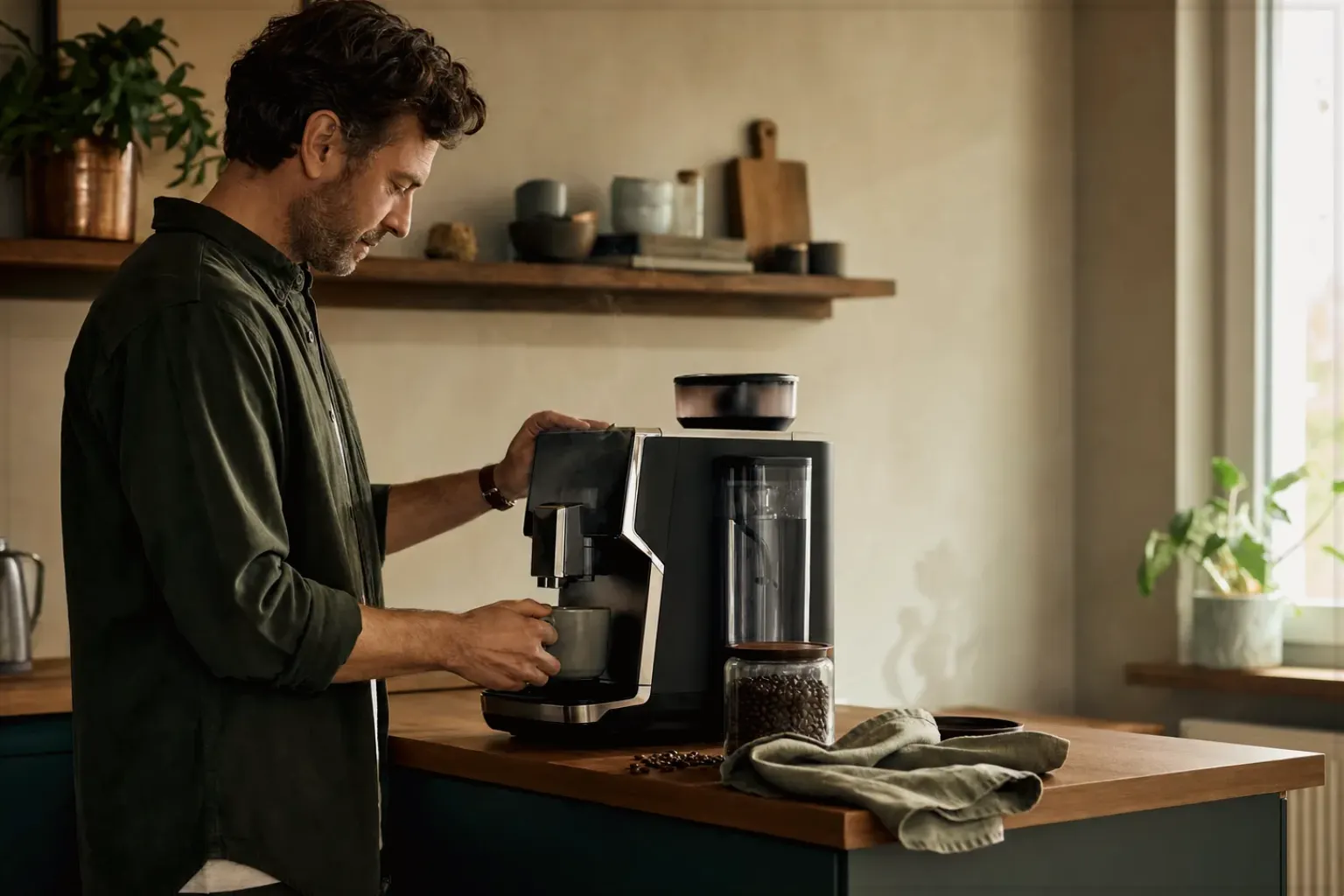 Ein Mann bereitet morgens Kaffee in seiner Küche zu – gezeigt für Dallmayr im Markenprofil.