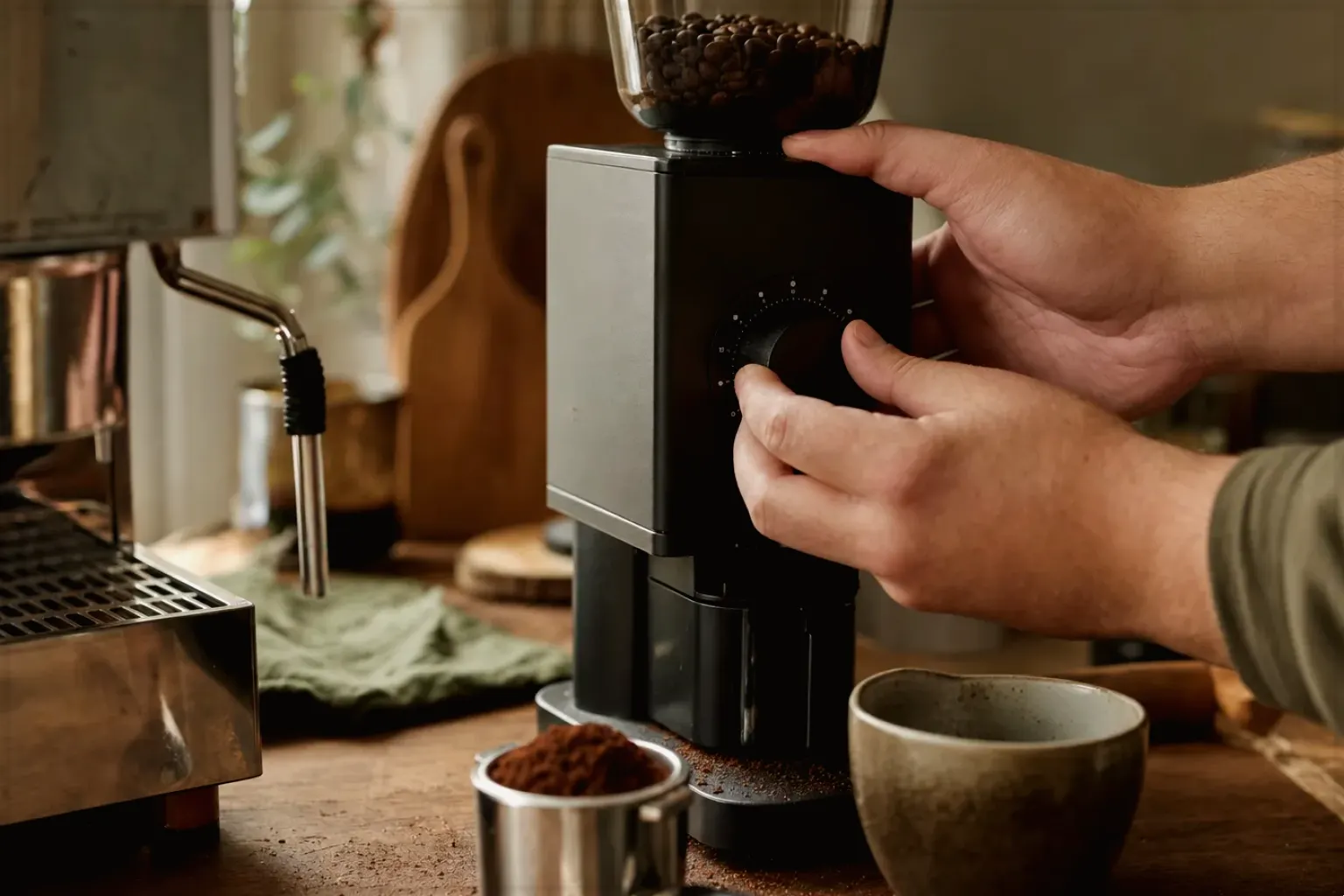 Zwei Hände stellen den Mahlgrad an einer Kaffeemühle neben einer Espressomaschine ein – gezeigt für Dallmayr im Markenprofil.