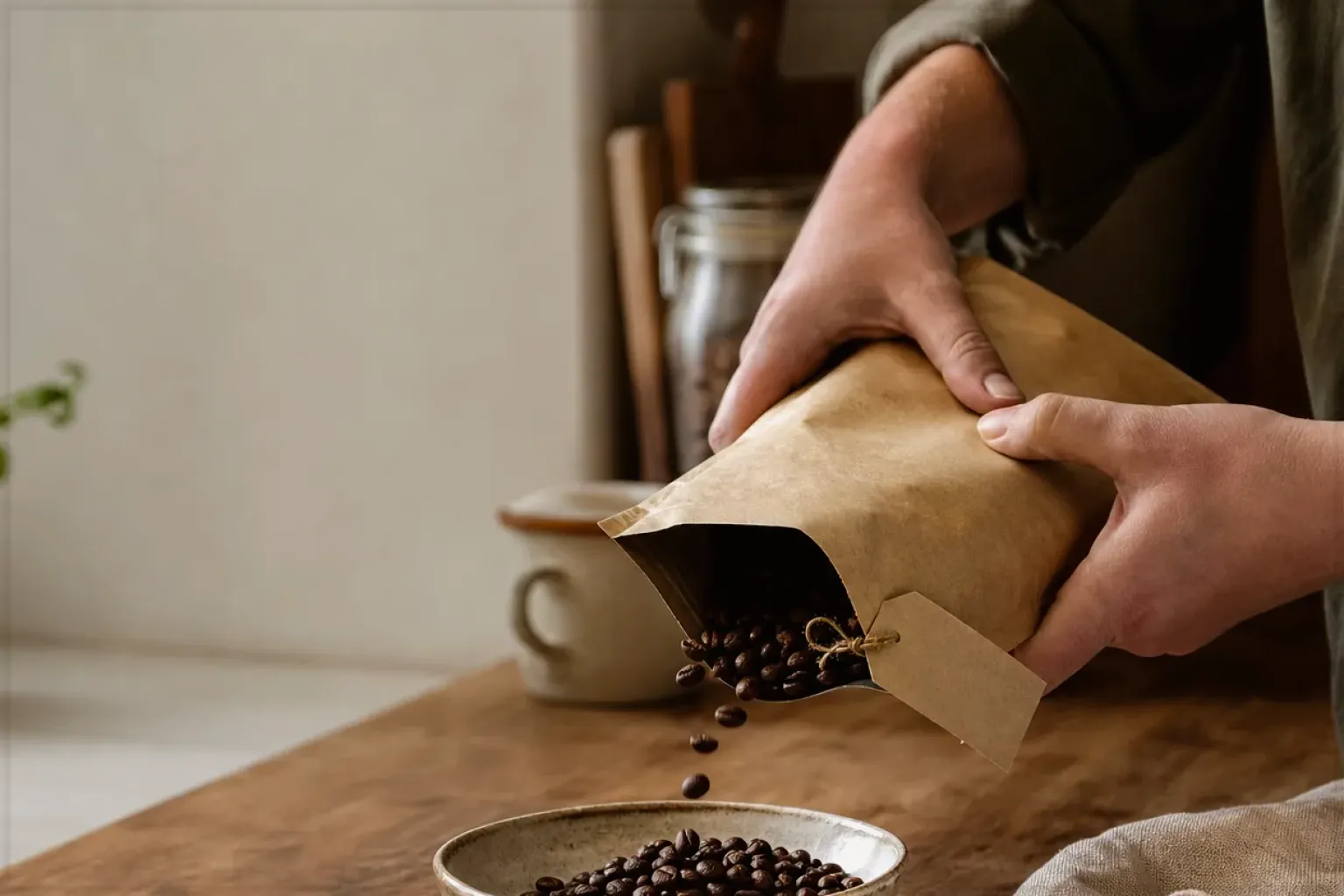 Hände füllen frisch geröstete Kaffeebohnen aus einer Papiertüte in eine Keramikschale – gezeigt für Dallmayr im Markenprofil.