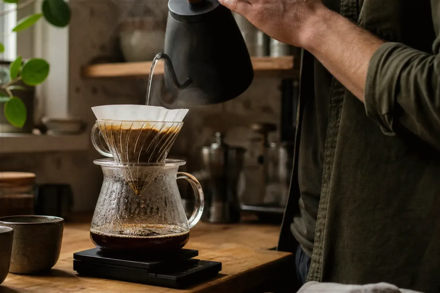 Filterkaffee wird mit einem Schwanenhalskessel von Hand in einer Küche aufgegossen – gezeigt für Dallmayr im Markenprofil.