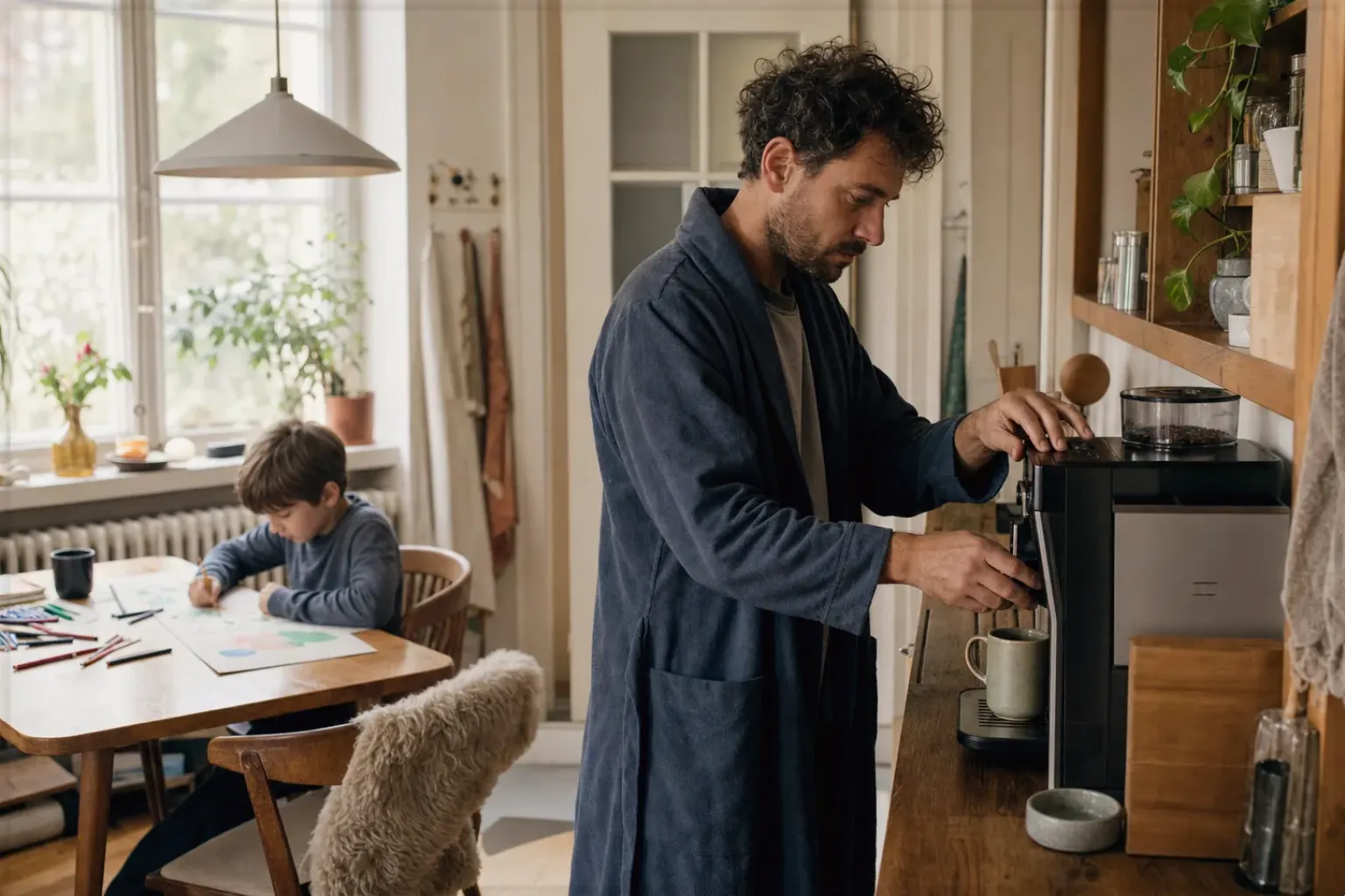 Ein Vater bereitet morgens Kaffee zu, während sein Kind am Küchentisch malt – gezeigt für Dallmayr im Markenprofil.
