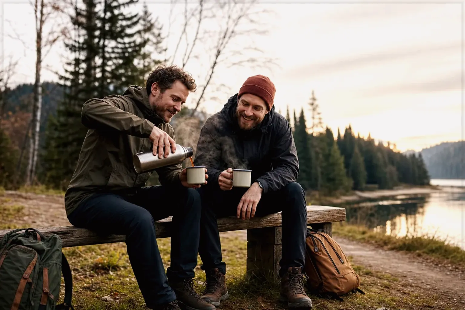 Zwei Freunde teilen auf einer Wanderung heißen Kaffee aus einer Thermoskanne am See – gezeigt für Dallmayr im Markenprofil.