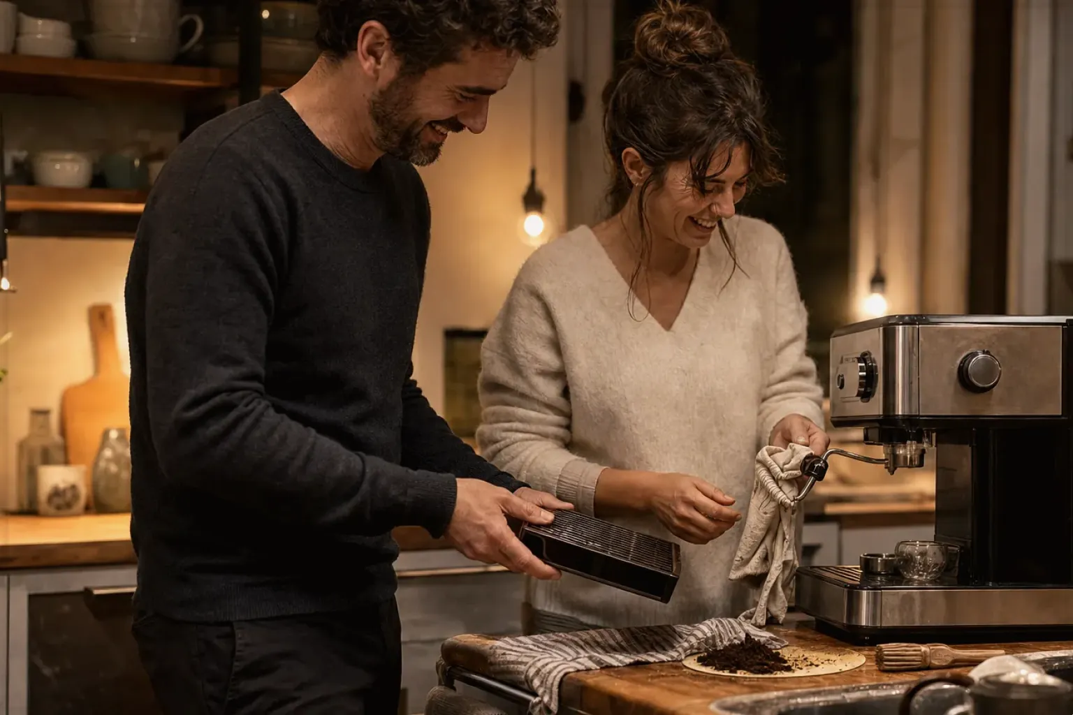 Ein Paar reinigt am Abend gemeinsam und gut gelaunt seine Espressomaschine in der Küche – gezeigt für Dallmayr im Markenprofil.