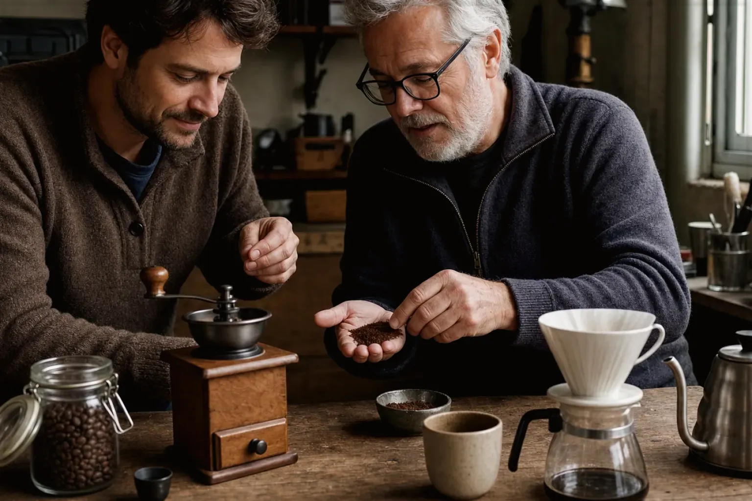 Ein erfahrener Kaffeeliebhaber erklärt einem jüngeren Erwachsenen Mahlgrad und Kaffeetextur.