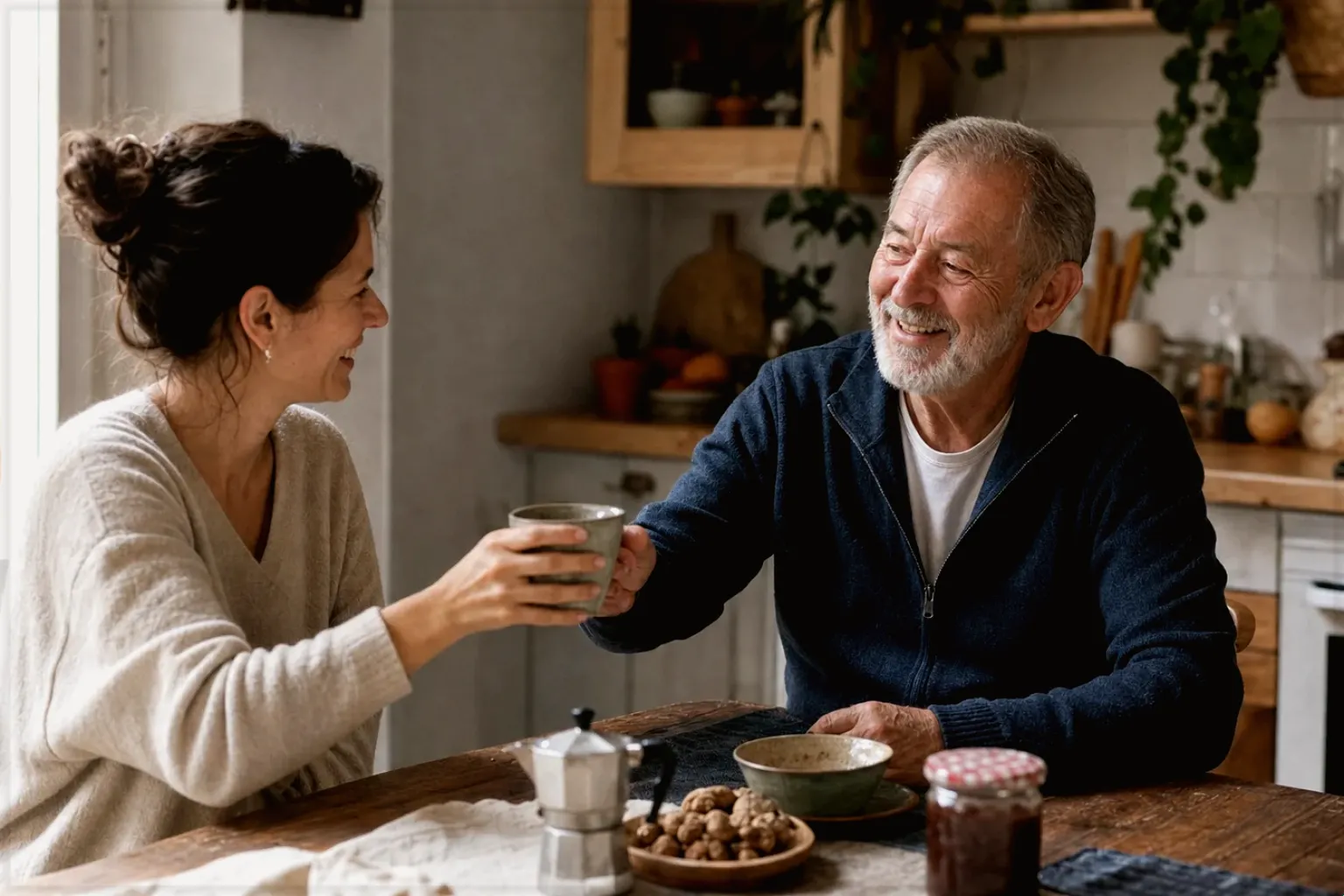 Eine erwachsene Tochter und ihr älterer Vater lachen gemeinsam beim Kaffee in ihrer bewohnten Küche – gezeigt für De’Longhi im Markenprofil.