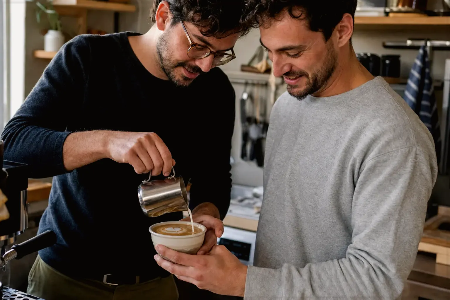 Zwei erwachsene Freunde freuen sich in einer kleinen Küche über ihre gemeinsam gegossene Latte Art – gezeigt für De’Longhi im Markenprofil.