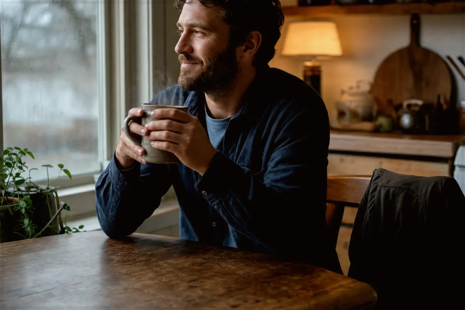 Ein Mann hält nach seinem Arbeitstag eine warme Kaffeetasse und blickt entspannt aus dem Küchenfenster – gezeigt für De’Longhi im Markenprofil.