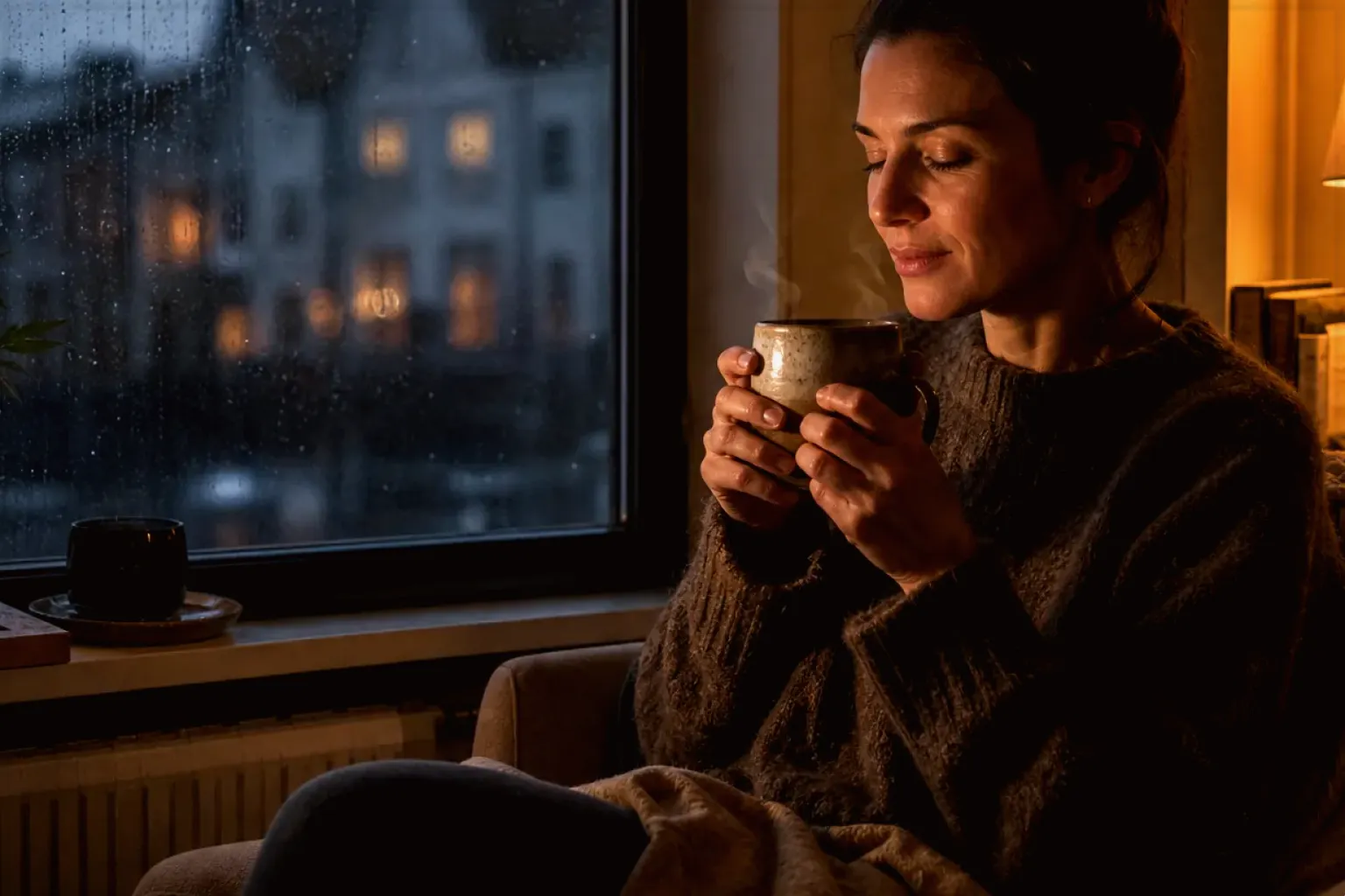 Eine Frau genießt an einem regnerischen Abend ruhig eine warme Tasse Kaffee am Fenster – gezeigt für De’Longhi im Markenprofil.