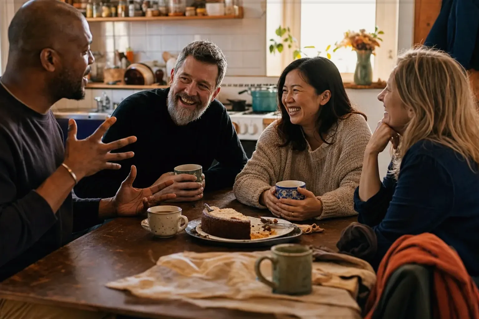 Vier erwachsene Freunde verschiedener Altersgruppen lachen gemeinsam bei Kaffee und selbst gebackenem Kuchen – gezeigt für De’Longhi im Markenprofil.
