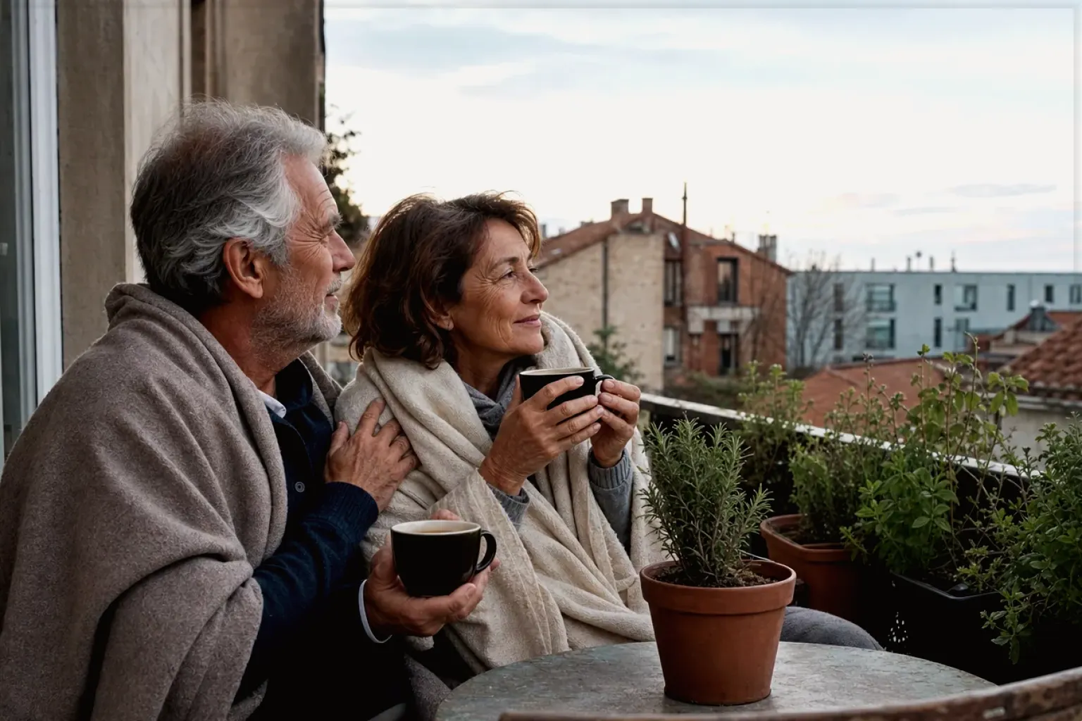 Ein älteres Paar teilt am frühen Morgen Kaffee auf einem kleinen Balkon – gezeigt für De’Longhi im Markenprofil.