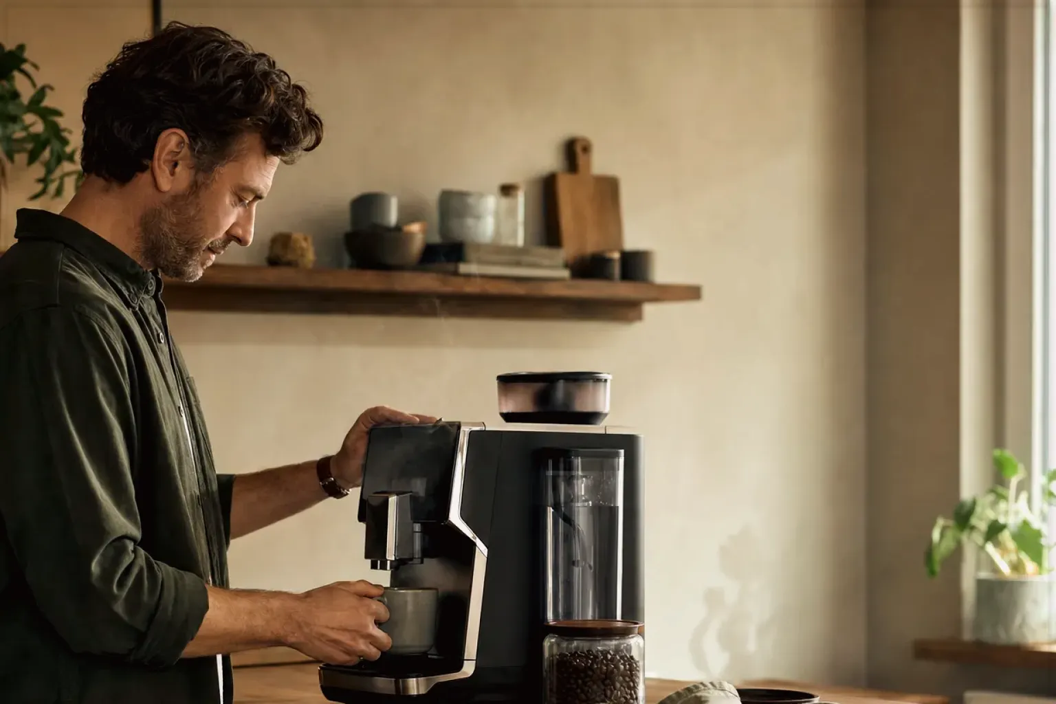 Ein Mann bereitet morgens Kaffee in seiner Küche zu – gezeigt für De’Longhi im Markenprofil.