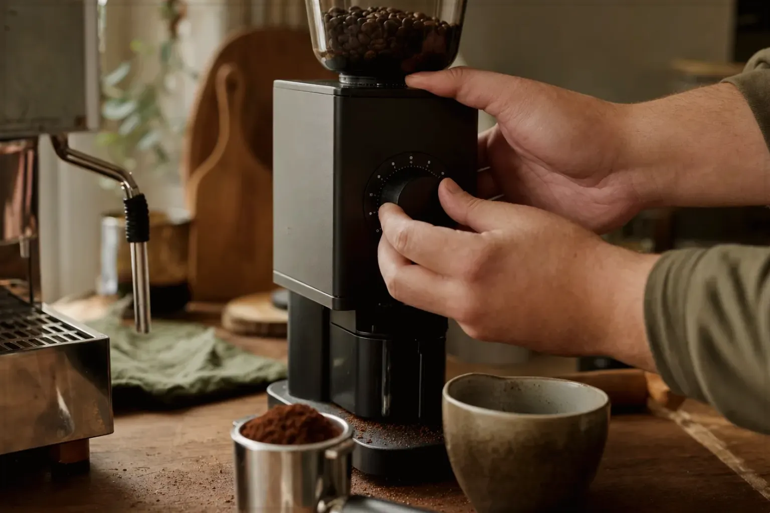 Zwei Hände stellen den Mahlgrad an einer Kaffeemühle neben einer Espressomaschine ein – gezeigt für De’Longhi im Markenprofil.