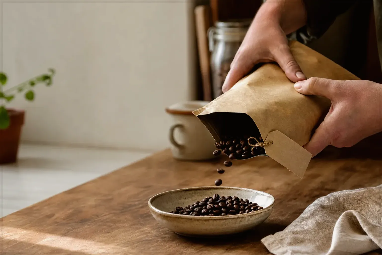 Hände füllen frisch geröstete Kaffeebohnen aus einer Papiertüte in eine Keramikschale – gezeigt für De’Longhi im Markenprofil.