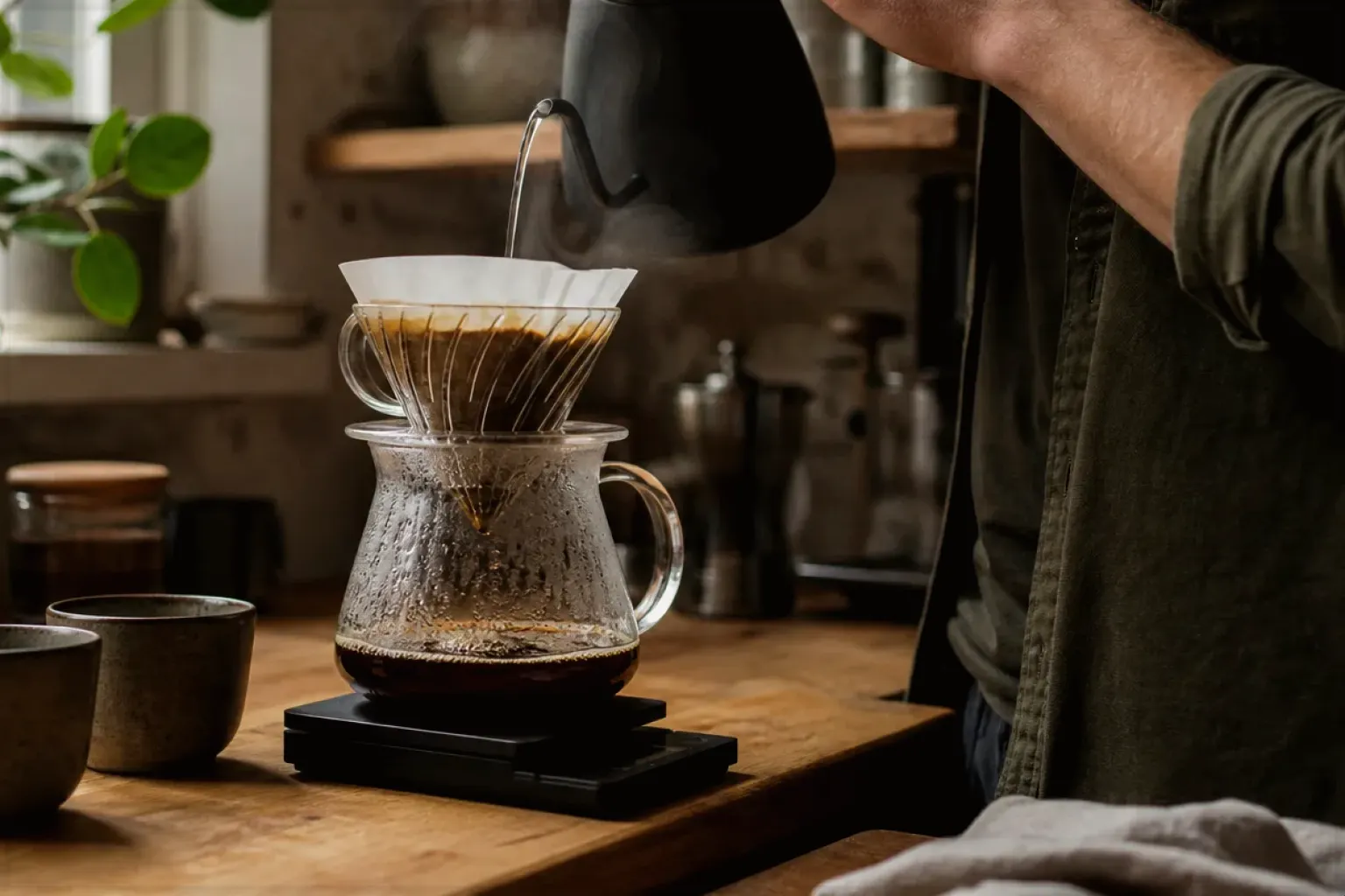 Filterkaffee wird mit einem Schwanenhalskessel von Hand in einer Küche aufgegossen – gezeigt für De’Longhi im Markenprofil.