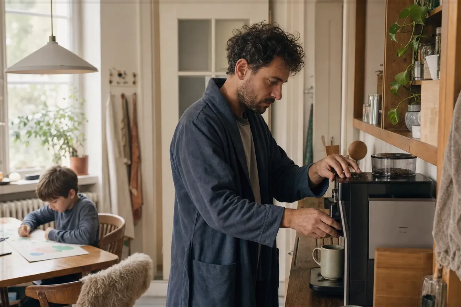 Ein Vater bereitet morgens Kaffee zu, während sein Kind am Küchentisch malt – gezeigt für De’Longhi im Markenprofil.
