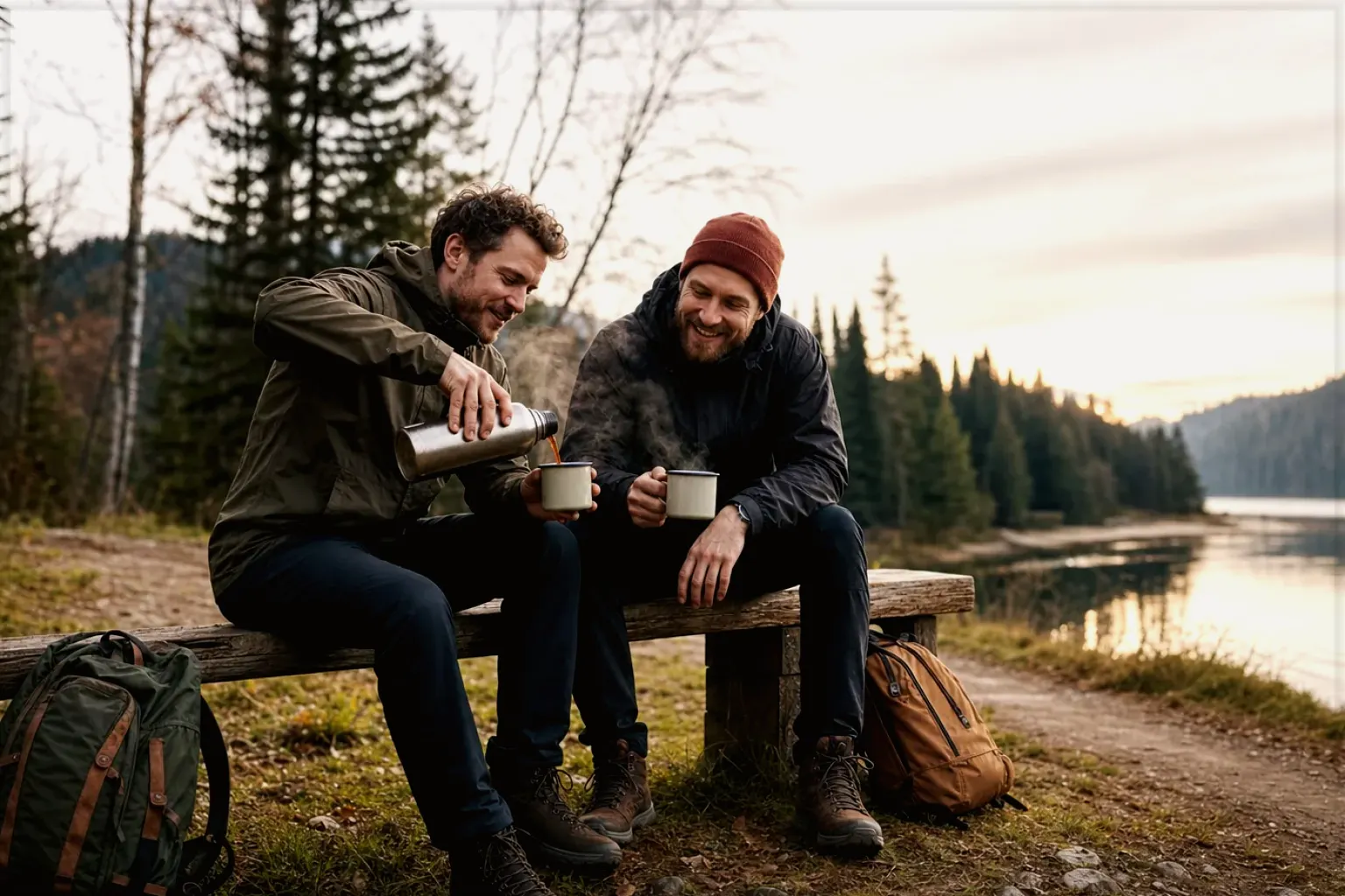 Zwei Freunde teilen auf einer Wanderung heißen Kaffee aus einer Thermoskanne am See – gezeigt für De’Longhi im Markenprofil.